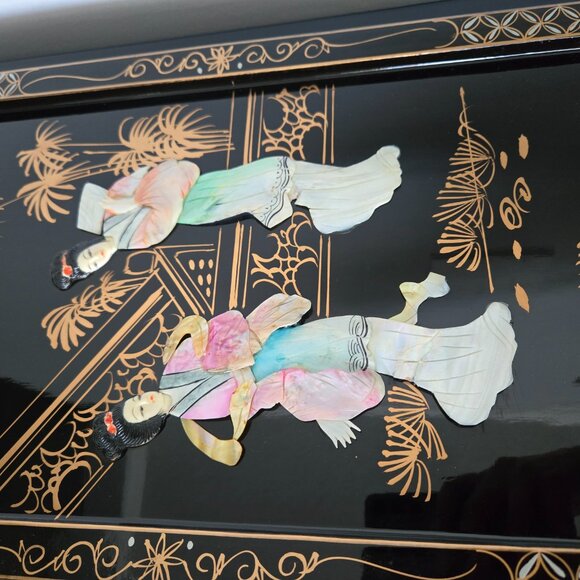 Vintage Asian Wall Art Panel Set – Lacquer & Mother of Pearl Geisha Decor - Picture 7 of 16